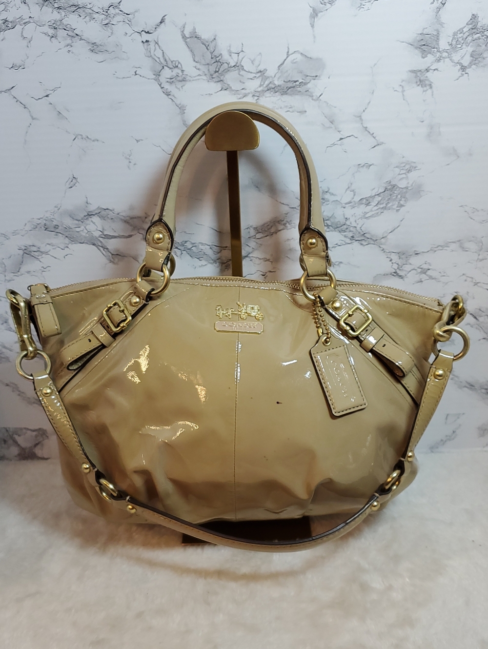 Coach Beige Patent Leather Tote with Gold Hardware